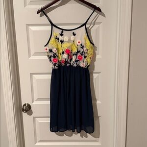 Francesca’s Embroidered floral Navy dress elastic waist sheer overlay